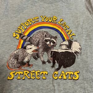 Support Your Local Street Cats Gray Crewneck Tee Womens Small Skunk Raccoon
